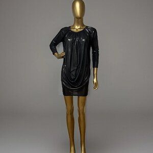 Alice + Olivia Liquid Metal Long-Sleeve Draped Cowlneck Mini Dress Party US Made